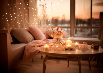 Mesa san valentin - cita romantica - habitacion decoracion flores y velas - Soft - obrazy, fototapety, plakaty