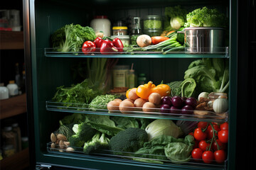 fridge with fresh green vegetables ,vegan's kithen
