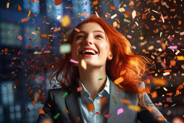 Young successful businesswoman in formal wear, surprised with confetti celebrating victory.