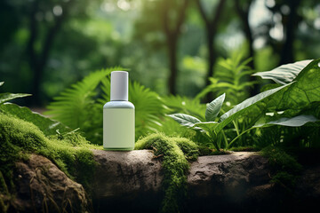 Green cosmetics, bottle of cosmetic serum or moisturizer on nature background. Organic natural ingredients beauty product among green plants. Skin care, beauty and spa product presentation, copy space - obrazy, fototapety, plakaty