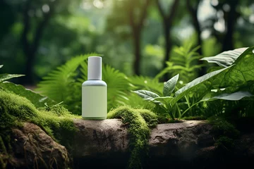 Fotobehang Green cosmetics, bottle of cosmetic serum or moisturizer on nature background. Organic natural ingredients beauty product among green plants. Skin care, beauty and spa product presentation, copy space © Magryt