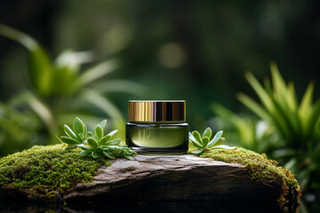 Green cosmetics, jar of cosmetic moisturizer cream on nature background. Organic natural ingredients beauty product among green plants. Skin care, beauty and spa product presentation, copy space. - obrazy, fototapety, plakaty
