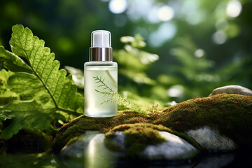 Green cosmetics, bottle of cosmetic serum or moisturizer on nature background. Organic natural ingredients beauty product among green plants. Skin care, beauty and spa product presentation, copy space