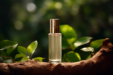 Green cosmetics, bottle of cosmetic serum or moisturizer on nature background. Organic natural ingredients beauty product among green plants. Skin care, beauty and spa product presentation, copy space