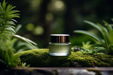 Green cosmetics, jar of cosmetic moisturizer cream on nature background. Organic natural ingredients beauty product among green plants. Skin care, beauty and spa product presentation, copy space. - obrazy, fototapety, plakaty