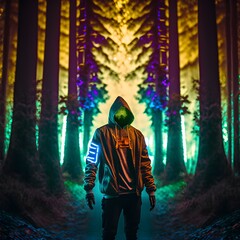 Man in hoody with cyberpunk components on clothing walking through a neon forest large cedar trees UFO in skyline Cinematic Color Grading portrait Photography UltraWide Angle Depth of Field 