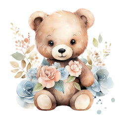 Watercolor bear toy illustration. Generative AI, png image