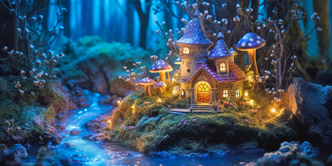 A small fairy tale house in dark fantasy forest, illuminated miniature woodland cottage made by gnomes and trolls