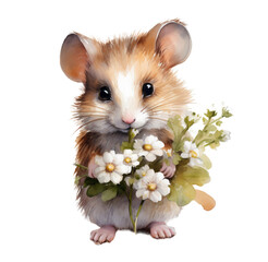Watercolor mouse with flowers bouquet illustration. Generative AI, png image