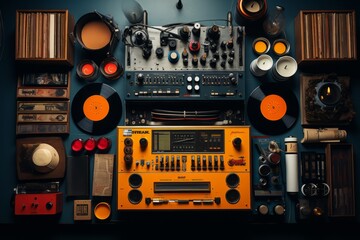 Fototapeta premium Vintage record store with vinyl records, record players, and music memorabilia, Generative AI