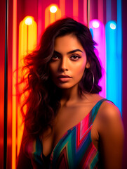 Beautiful modern indian woman model posing on vivid neon background