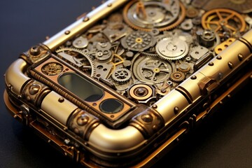 Detailed view of a mobile device encased in a unique steampunk design. Generative AI