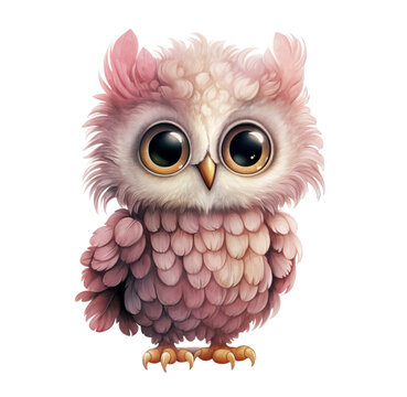 Watercolor cute pink owl illustration. Generative AI, png image