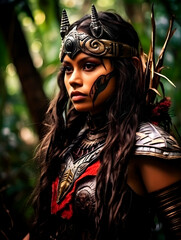 Beautiful woman model poses as a Inka warrior in jungle - obrazy, fototapety, plakaty