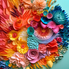 Abstract colorful background made of paper flowers. 3d render illustration. Abstract floral background with colorful paper flowers. Abstract background with multicolored paper flowers. AI generated