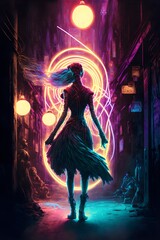 neon lights of a cyberpunk cityscape loom in the background as a lone figure stands in the shadows of an alleyway The LED Poi dancer is a photorealistic and hyperrealistic vision their body adorned 