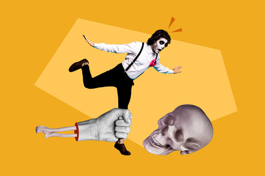 Composite creative photo collage of scared man with skeleton makeup astonished staring at skull isolated on yellow color background