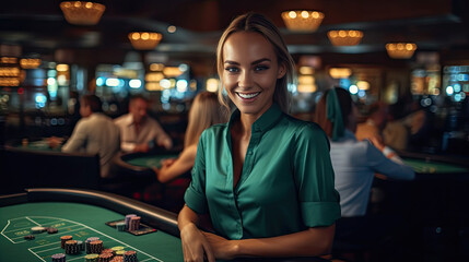 a happy female croupier at the casino at the table in Casino. Gambling, Poker.