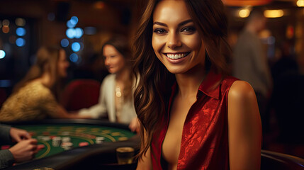 a happy lady croupier at the casino at the table in Casino. Gambling, Poker. - obrazy, fototapety, plakaty