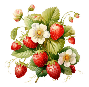 Watercolor strawberry bush illustration. Generative AI, png image