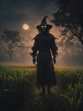 Scarecrow stands in the middle of a field and there are pumpkins.