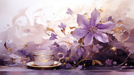 a painting of a cup and saucer with a flower.   Watercolor Painting of a Chocolate color flower, Perfect for Wall Art.