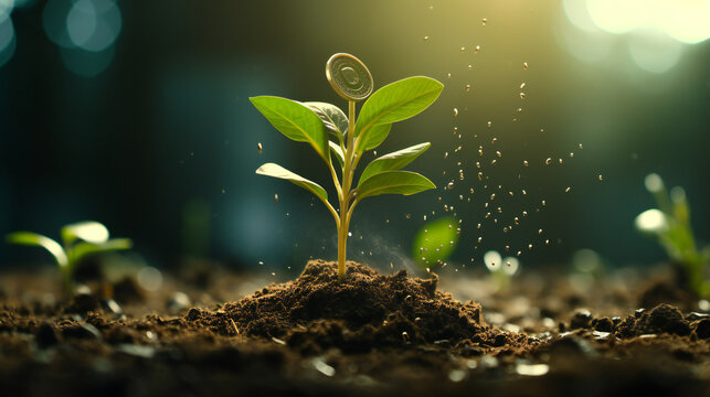 Successful finance and investment concept with trees growing on coins and blurred green nature background - Growing Money - Plant On Coins - Finance And Investment Concept - Generative Ai

