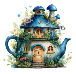 Fototapeta na wymiar Watercolor teapot house, fairytale house illustration. Generative AI, png image