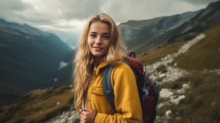 Naklejka premium Portrait of a beautiful young smiling woman with backpack on the background of mountains. Teenage girl with backpack hiking in the mountains, looking at camera. AI generated