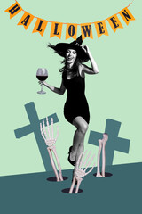 Vertical composite creative photo collage of positive festive witch hold glass of wine dance on graveyard isolated on painted background