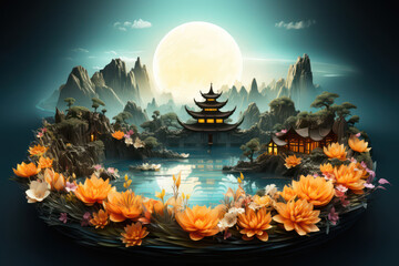 a painting of a landscape with flowers and a full moon in the background with a pond in the middle