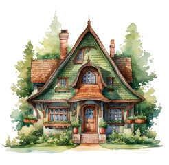 Fototapeta na wymiar Watercolor green cottage illustration. Generative AI, png image