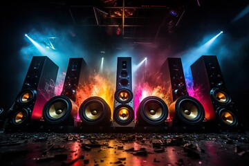 Multimedia acoustic speakers with neon lighting. Sound audio system in the bright rays of spotlights - obrazy, fototapety, plakaty