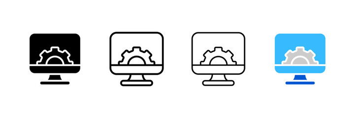 Gear in computer screen icon. Different styles, device settings, gear on the screen. Vector icon