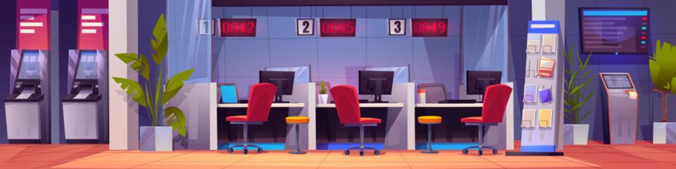 Bank office room inside interior with atm cartoon background. Lobby with counter, desk and chair in service area illustration. Open space corporate workplace in financial department with computer
