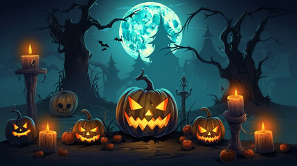 simple illustration, simple colors, Halloween pumpkin head jack lantern with burning candles, Spooky Forest with a full moon and wooden table, Pumpkins In Graveyard In The Spooky Night - Halloween Bac
