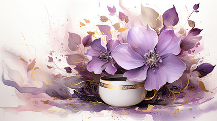 a painting of purple flowers in a white cup.   Watercolor Painting of a Chocolate color flower, Perfect for Wall Art.