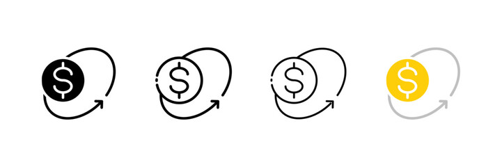 Dollar icon and arrow in circle icon. Different styles, dollar icon, arrow in a circle, dollar icon and arrow in a circle. Vector icons