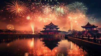 Foto op Plexiglas Fireworks and Festivities Photograph of Chinese new year fireworks celebrations on the chinese temple background © Gasia
