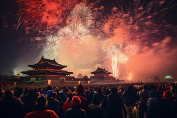 Fototapeten Fireworks and Festivities Photograph of Chinese new year fireworks celebrations on the chinese temple background © Gasia