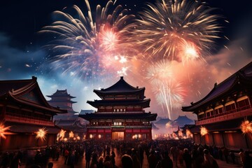 Fireworks and Festivities Photograph of Chinese new year fireworks celebrations on the chinese temple background