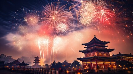 Fireworks and Festivities Photograph of Chinese new year fireworks celebrations on the chinese temple background