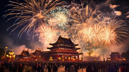 Fireworks and Festivities Photograph of Chinese new year fireworks celebrations on the chinese temple background - obrazy, fototapety, plakaty