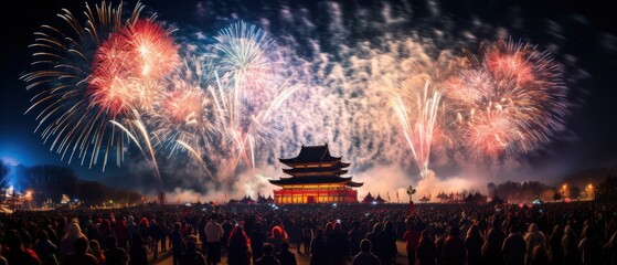 Fireworks and Festivities Photograph of Chinese new year fireworks celebrations on the chinese temple background
