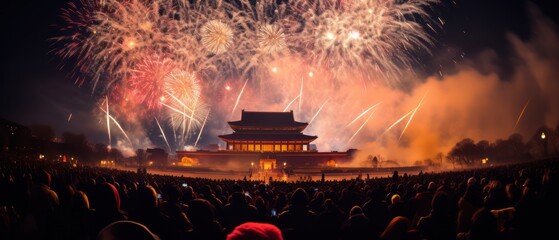 Fireworks and Festivities Photograph of Chinese new year fireworks celebrations on the chinese temple background