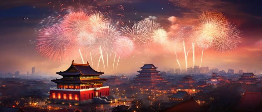 Fireworks and Festivities Photograph of Chinese new year fireworks celebrations on the chinese temple background