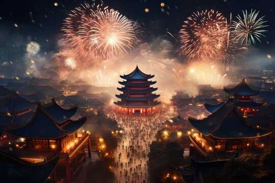 Fireworks and Festivities Photograph of Chinese new year fireworks celebrations on the chinese temple background