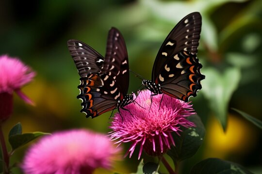 Two colorful butterflies perched on a blooming pink flower in a vibrant garden. Generative AI