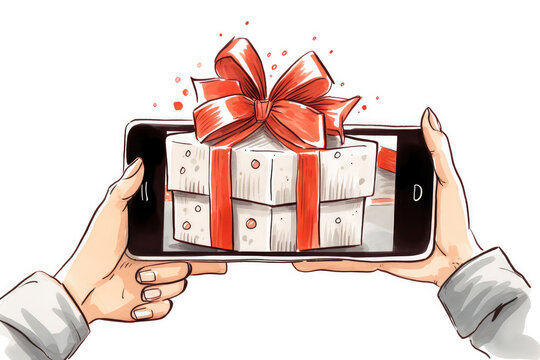 Hand holding a smartphone, capturing a gift box, a perfect representation of capturing moments and sharing joy through technology.