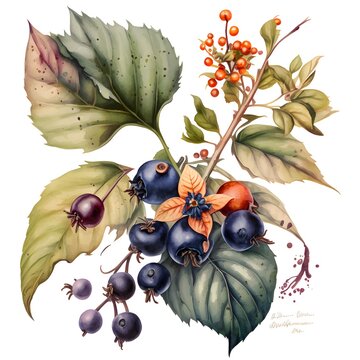 a watercolor of belladonna flower and berries 